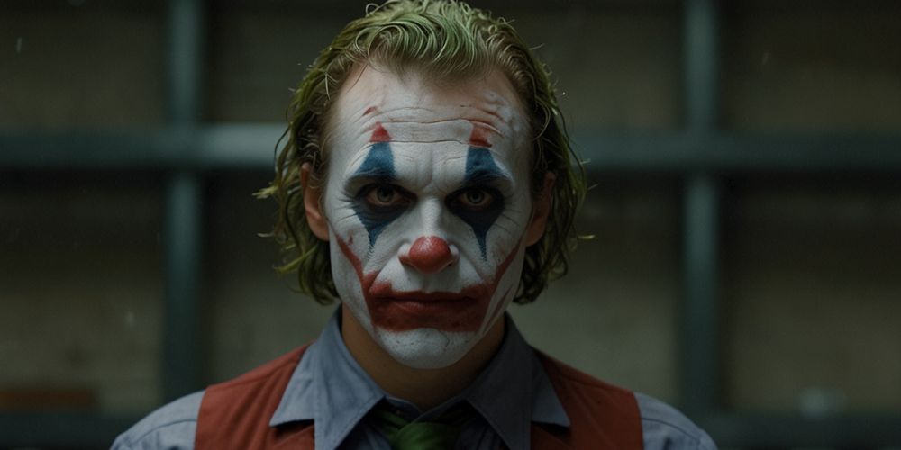 The image features Joker with full clown makeup, including a white-painted face, red nose, red lips, and blue triangles around the eyes, with a serious expression and a direct gaze