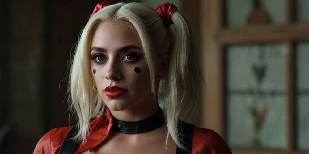 Harley Quinn is shown in a red and black costume with blonde hair styled in pigtails, accentuated by red bows, and her makeup includes black dots on her cheeks and bold red lips.