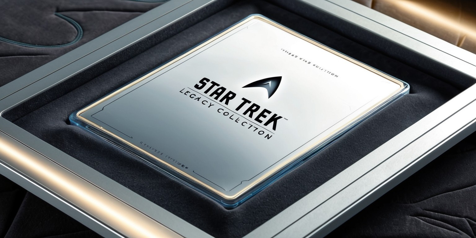 A beautifully designed, premium-looking Blu-ray box set of the Star Trek: Picard Legacy Collection, sitting on a sleek, dark-grey velvet background, with subtle, metallic Starfleet insignia patterns embossed on the box's surface, surrounded by a thin, silver border, with the title Star Trek: Picard Legacy Collection in bold, modern, sans-serif font, in a metallic silver color, with a slight gradient effect, giving it a sense of depth and sophistication, the Blu-ray discs themselves visible through a transparent, plastic window on the top of the box, with a subtle, circular pattern of tiny, raised Starfleet insignias on the discs, and a slight, golden glow emanating from the edges of the box, evoking a sense of nostalgia and luxury.