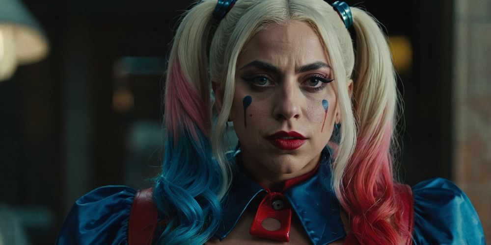 Harley Quinn appears in a colorful outfit with pigtails dyed half red and half blue, and makeup featuring teardrop shapes on her cheeks, expressing a more serious demeanor