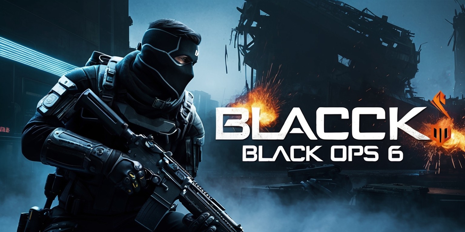 A gritty, high-contrast key art for Black Ops 6, a futuristic first-person shooter game, featuring a brooding, masked soldier in a dark, neon-lit urban environment, with a massive, destroyed cityscape in the background, illuminated by flashes of gunfire and explosions, the soldier's body language exudes intensity and focus, wearing a sleek black tactical outfit, with metallic accents and advanced gadgets, surrounded by mist and smoke, the overall mood is dark, ominous, and intense, with a bold, metallic silver font displaying the game's title 