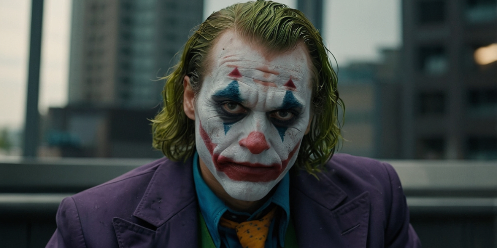 A close-up of Joker and Harley Quinn together, both with serious expressions, highlighting their dark and complex relationship in the film.