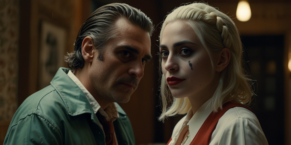 A close-up of Joker and Harley Quinn together, both with serious expressions, highlighting their dark and complex relationship in the film.