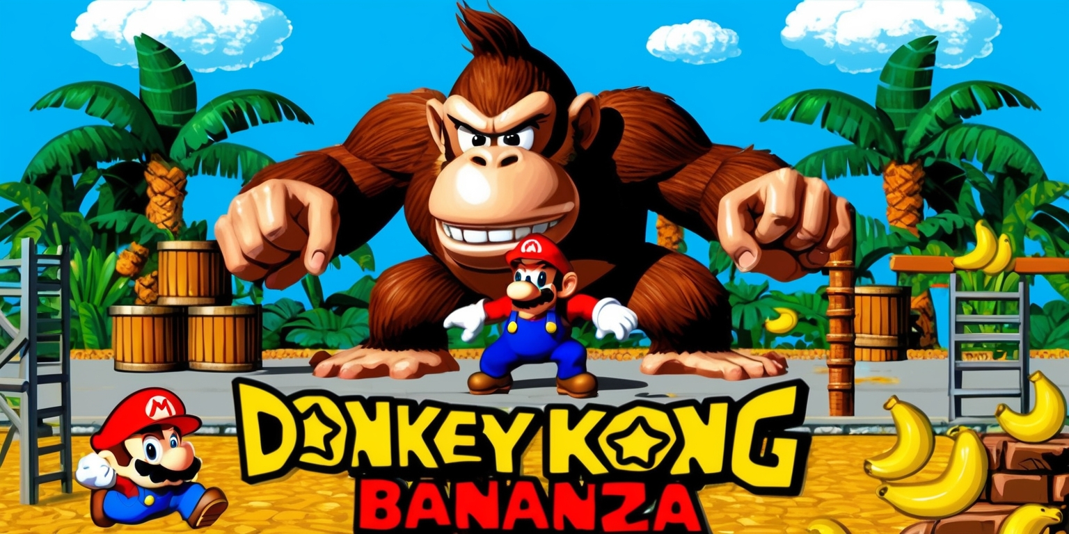 A vibrant colorful illustration of the classic Donkey Kong Bananza game scene with Donkey Kong at the center, a giant ape with brown fur and a fierce expression, standing in front of a backdrop of a lush jungle with exotic green plants and trees, and a bright blue sky with fluffy white clouds, with Jumpman later known as Mario in the foreground, a small mustachioed man with a red hat and blue overalls, navigating through a construction site with ladders, barrels, and banana peels scattered around, and a bold yellow font displaying the game's logo, with the overall style resembling a nostalgic 8-bit arcade game aesthetic.