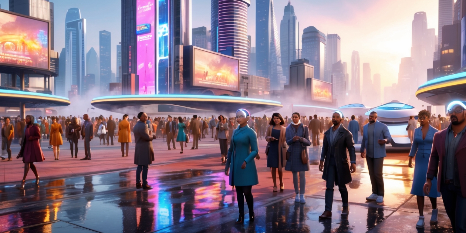 A vibrant, futuristic cityscape set in a simulated urban life game, with sleek, modern skyscrapers and neon-lit billboards reflecting off the wet pavement, illuminated by a warm, golden glow of streetlights, amidst a bustling metropolis filled with diverse city dwellers, each with unique facial features, skin tones, and fashion styles, going about their daily lives, with some pedestrians interacting with each other, while others gaze at their augmented reality contact lenses or holographic smartwatch displays, as autonomous vehicles and hyperloops zoom by in the background, with a subtle, misty atmosphere and a sense of dynamic movement, inviting the viewer to step into this immersive virtual world.