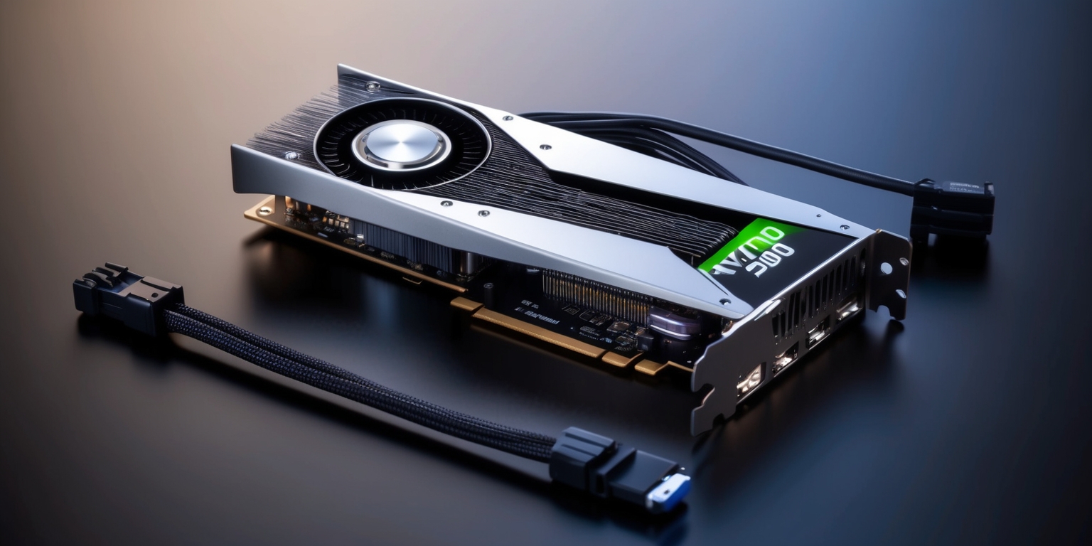 A sleek, high-performance Nvidia RTX 5090 graphics card is centered on a matte black background, illuminated by a soft, warm light source, highlighting its metallic silver and dark gray accents, with intricate circuitry and heat sinks visible beneath its translucent plastic cover, alongside a handful of neatly arranged cables and connectors, against a subtle gradient of dark blues and purples, evoking a sense of cutting-edge technology and innovation, with a minimalist, modern aesthetic, with clean lines and precise typography for the Nvidia logo and model designation in a bold, silver font, with a subtle shadow effect, drawing the viewer's attention to the card's impressive specifications and features.