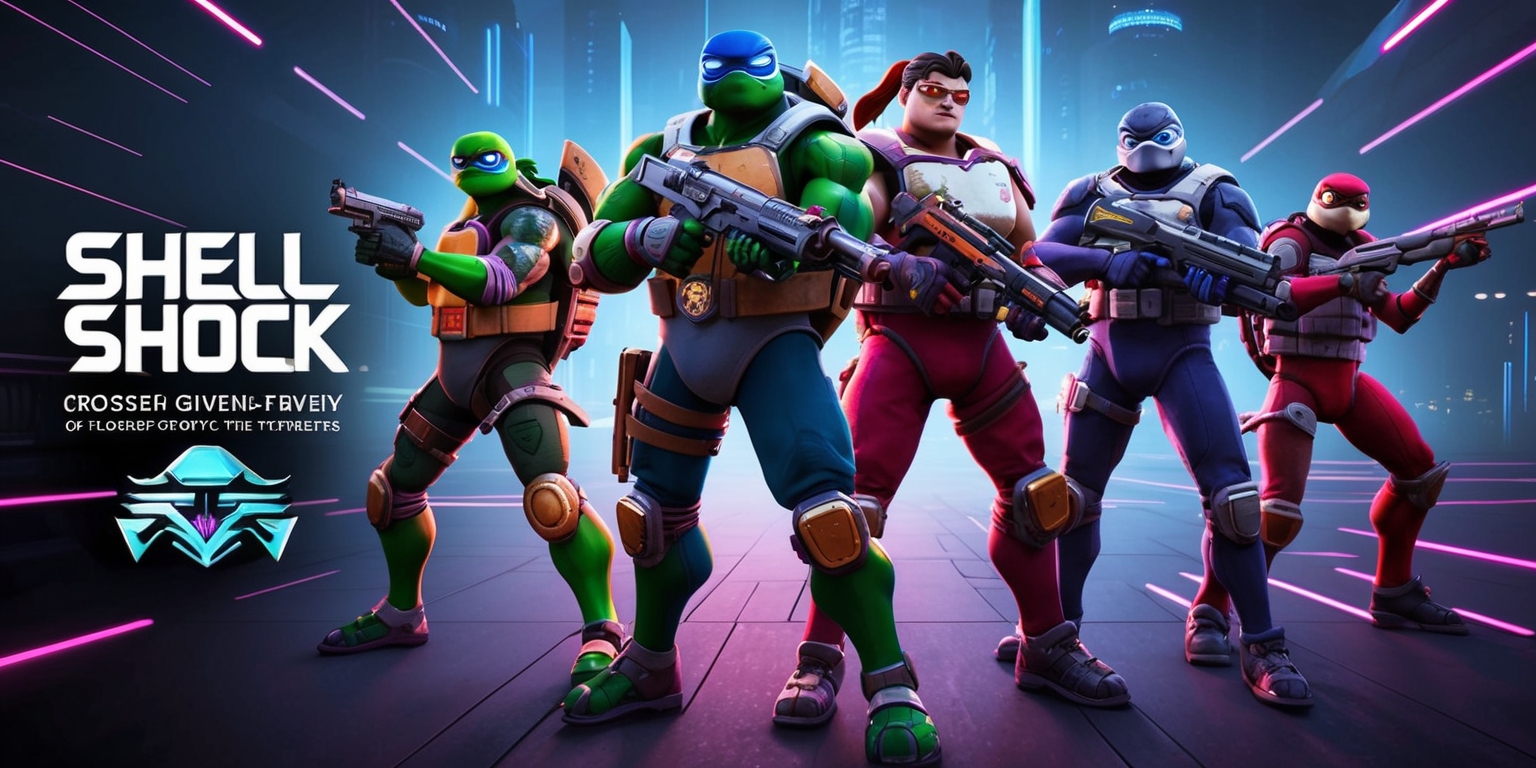 (updated_prompt)
A futuristic, high-tech cityscape serves as the backdrop for an action-packed promotional image announcing the Shell Shock crossover event update in a popular first-person shooter game. In the foreground, a group of four iconic heroes in a half-shell - Raphael, Michelangelo, Leonardo, and Donatello - stand confidently, blending their vibrant, cartoonish colors with the sleek, modern aesthetic of the game's operators. Each hero is dressed in custom tactical gear, with intricate details and textures, and wields innovative melee weapons that reflect their unique personalities. The heroes are surrounded by subtle, neon-lit accents, which highlight the fusion of their nostalgic, playful vibe with the game's dark, high-stakes atmosphere. In the top-left corner, bold, metallic font displays the update's title, Shell Shock, with the game's logo emblazoned below, featuring a stylized, futuristic turtle shell design.
</updated_prompt>