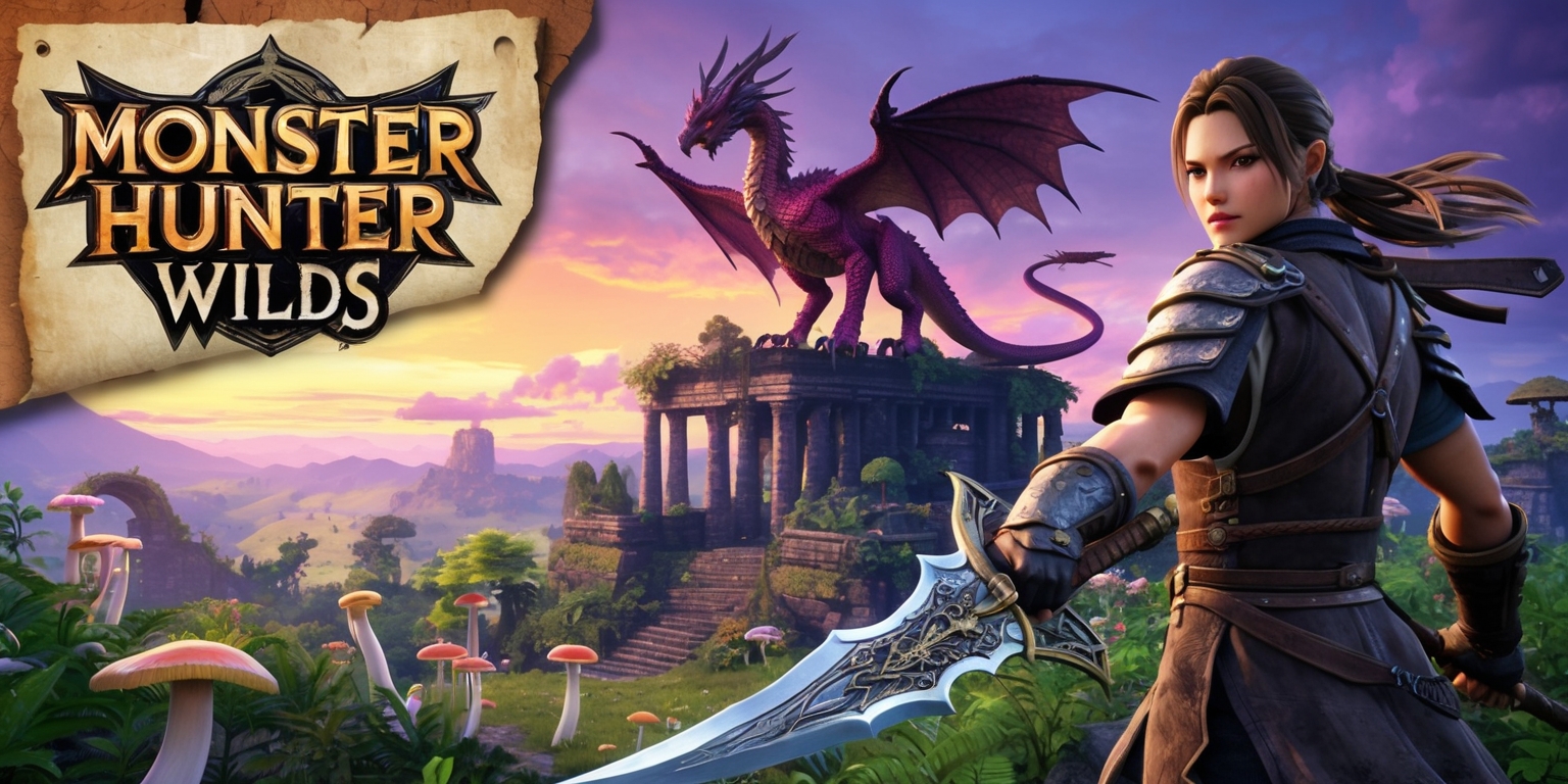 A sweeping landscape of the Monster Hunter Wilds game, with a majestic wyvern perched atop a mystical ancient ruin, surrounded by lush greenery and glowing ethereal mushrooms, set against a vibrant orange and purple sunset sky with subtle clouds, as a skilled hunter, clad in worn leather armor and wielding an intricately designed dual blade, stands heroically in the foreground, gazing out at the viewer with a determined expression, their facial features strong and defined, with a subtle scar above their left eyebrow and a few strands of tousled brown hair escaping their ponytail, as the game's logo, emblazoned on a worn parchment, floats subtly in the top-left corner, with bold, weathered font and subtle metallic accents.