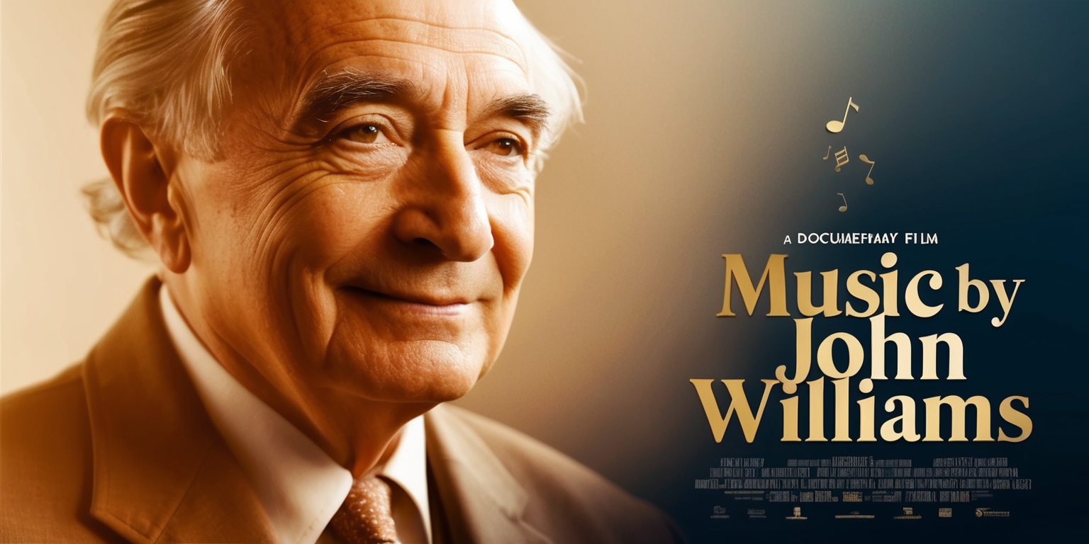 A cinematic poster for a documentary film titled Music By John Williams featuring a warm, golden-lit portrait of the iconic composer in his later years, with a gentle, wise expression on his face, prominent eyebrows, and a subtle, knowing smile, set against a soft, gradient background that transitions from a deep blue to a warm beige, evoking a sense of nostalgia and timelessness, with bold, serif font titles in a warm, metallic gold color, and a subtle sprinkle of musical notes and motifs around the edges, hinting at the iconic themes and scores that have become synonymous with his legacy.