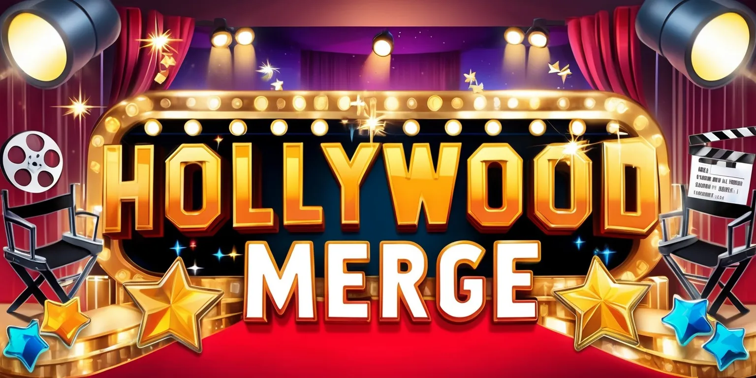 Vibrant promotional artwork for a Hollywood Merge mobile puzzle game, featuring a glamorous Los Angeles movie-studio atmosphere with golden spotlights, red-carpet accents, film reels, clapperboards, director chairs, sparkling stars, and colorful mergeable game objects arranged in a polished layered composition. Include a bold, playful title reading “Hollywood Merge” in glossy gold and red lettering, styled like a cinematic marquee sign with subtle light bulbs and reflections. Bright jewel tones, warm studio lighting, polished 3D cartoon rendering, charming high-energy entertainment aesthetic, clean central composition, visually appealing mobile-game cover design, detailed textures, crisp edges, and no unrelated text or logos.