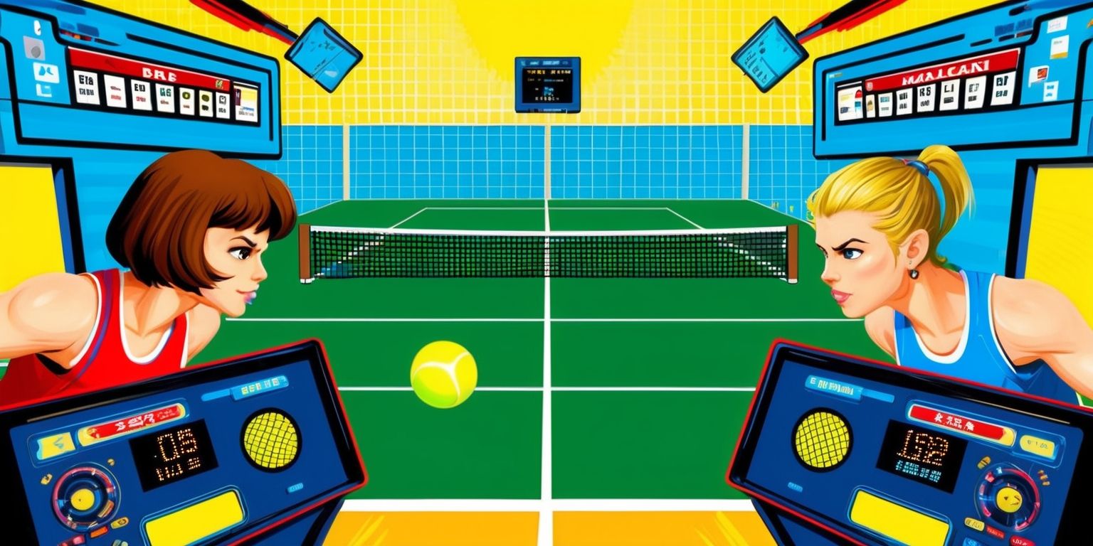 A vibrant and nostalgic digital illustration of a classic Arcade Tennis game, set against a bright and bold blue background, with a central tennis court featuring green grass and a net, surrounded by old-school arcade machine elements, such as blinking pixels, scoreboards, and simplistic player controls, with two tennis players, one with short brown hair and a determined expression, and the other with a blonde ponytail and a focused gaze, both wearing athletic outfits in contrasting colors, like red and blue, with a sunny yellow ball flying through the air, and a subtle grid pattern in the background, evoking a sense of retro gaming excitement and competition, with a mix of warm and cool colors, and a dynamic composition that draws the viewer's eye to the center of the action.