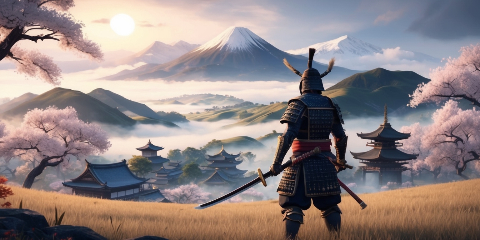 A vast, serene Japanese landscape with rolling hills and majestic mountains serves as the backdrop for a Samurai-inspired open world game, where a lone samurai figure with traditional armor and a katana stands proudly, surrounded by cherry blossom trees, with a subtle mist hovering over the scenery, and a warm, golden light casting a glow over the entire scene, blending traditional Japanese aesthetics with a sense of adventure and exploration, as the samurai gazes out into the distance, ready to embark on a journey through ancient temples, bustling villages, and mysterious forests, with subtle hints of magical and mystical elements woven throughout the environment.