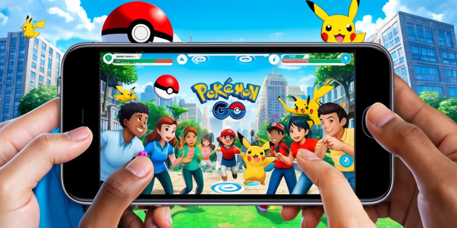 A realistic digital illustration of the Pokémon Go game on a mobile device screen, showcasing a vibrant and lively cityscape with various Pokémon roaming around, set against a clear blue sky with fluffy white clouds, the game's user interface visible with icons and maps, featuring a diverse group of people of different ages and skin colors playing the game together, with a mix of excited and focused facial expressions, surrounded by tall buildings and trees, incorporating a range of colors including bright red, blue, and green, with the Pokémon Go logo prominently displayed in bold white font, and the overall style inspired by modern gaming and urban landscapes.