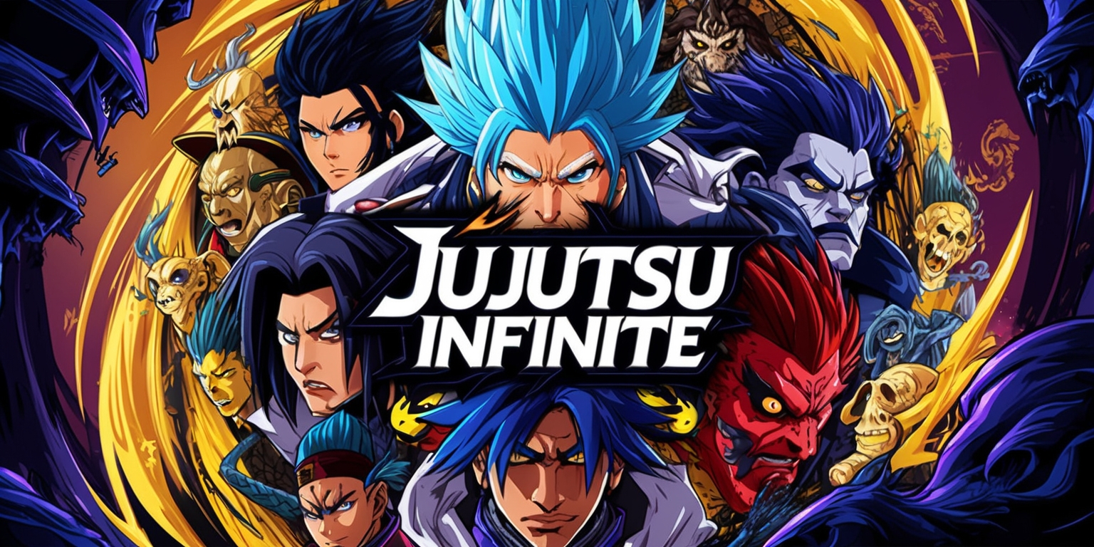 A vibrant digital illustration of the Jujutsu Infinite game, set against a dark fantasy backdrop with bold lines and dynamic textures, featuring a diverse cast of characters with intricate facial features and expressive skin tones, including Gojo Satoru with his striking blue hair and intense gaze, and Geto Suguru with his menacing stare, surrounded by cursed spirits and mystical symbols in a chaotic yet harmonious balance of dark blues and purples, with accents of golden yellow and crimson red, the layout is frenetic and layered, with characters and elements overlapping and blending together in a swirling vortex of energy and movement, the Jujutsu Infinite logo emblazoned prominently in bold, stylized font with a subtle glow effect, conveying the game's dark fantasy action and thrilling adventure.