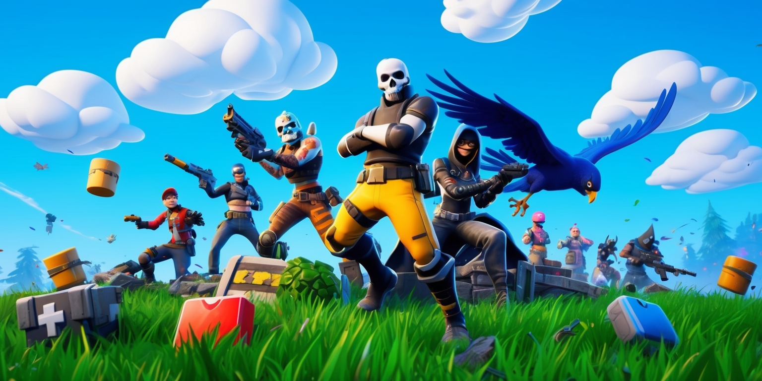 A vibrant, high-energy illustration of the popular battle royale game Fortnite, set against a bright blue sky with fluffy white clouds, depicting iconic characters like Skull Trooper and Raven, with their signature outfits and accessories, amidst a chaotic battlefield littered with Loot Llamas, health kits, and other recognizable game elements, with bold, graphic lines and textures reminiscent of the game's stylized visuals, capturing the excitement and intensity of the gameplay experience, with a cinematic quality to the composition, as if frozen in a dramatic moment, inviting the viewer to jump into the action.