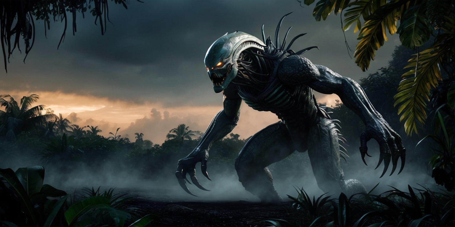A dark and ominous jungle terrain at dusk, with a eerie mist rising from the ground, as the Predator, a towering alien hunter with its iconic mask and razor-sharp claws, emerges from the shadows, its body a blend of organic and metallic features, with a subtle blue-green glow emanating from its forehead, set against a backdrop of dense, vibrant green foliage, with hints of warm golden light peeking through the canopy above, and a sense of tension and foreboding lingering in the air, evoking the tense atmosphere of the iconic sci-fi action film.