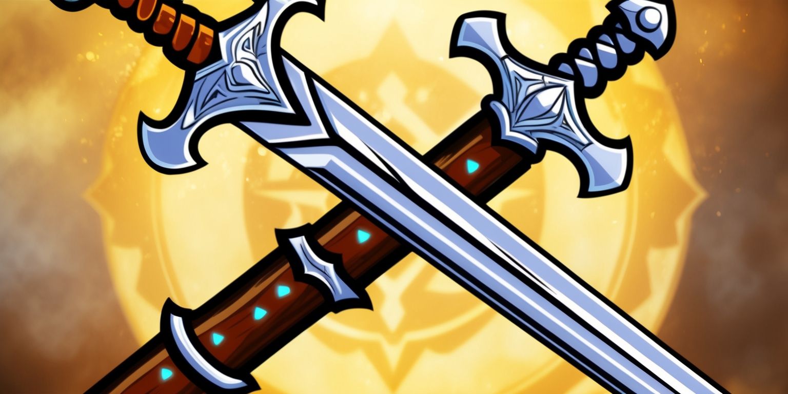 A fantasy-themed illustration of a sword and staff crossed over each other, set against a mystical background with a warm golden light, the sword has an intricately designed hilt with a silver blade, while the staff is made of a polished dark wood, adorned with small glowing runes, the overall style is reminiscent of a classic role-playing game, with bold lines and vibrant colors, the sword and staff are positioned in the center of the image, with the background blurred to emphasize the main subjects, the atmosphere is one of magic and adventure, with a sense of epic battle or quest, the illustration is highly detailed, with a focus on the textures and shapes of the sword and staff.
