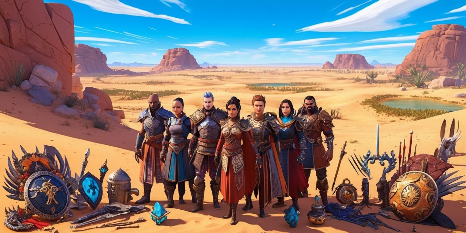 A vibrant and detailed scene from the Crimson Desert game, with a vast desert landscape stretching across the horizon, featuring rocky formations, sandy dunes, and oases in the distance, under a bright blue sky with a few wispy clouds, with a group of characters from the game standing together, wearing intricate armor and clothing, with unique facial features, skin tones, and hairstyles, surrounded by an array of weapons, shields, and magical artifacts, with a sense of adventure and exploration, and a hint of mystery and danger lurking in the shadows, in a stylized and fantastical art style, with bold lines, vivid colors, and intricate textures, and a sense of depth and dimensionality.