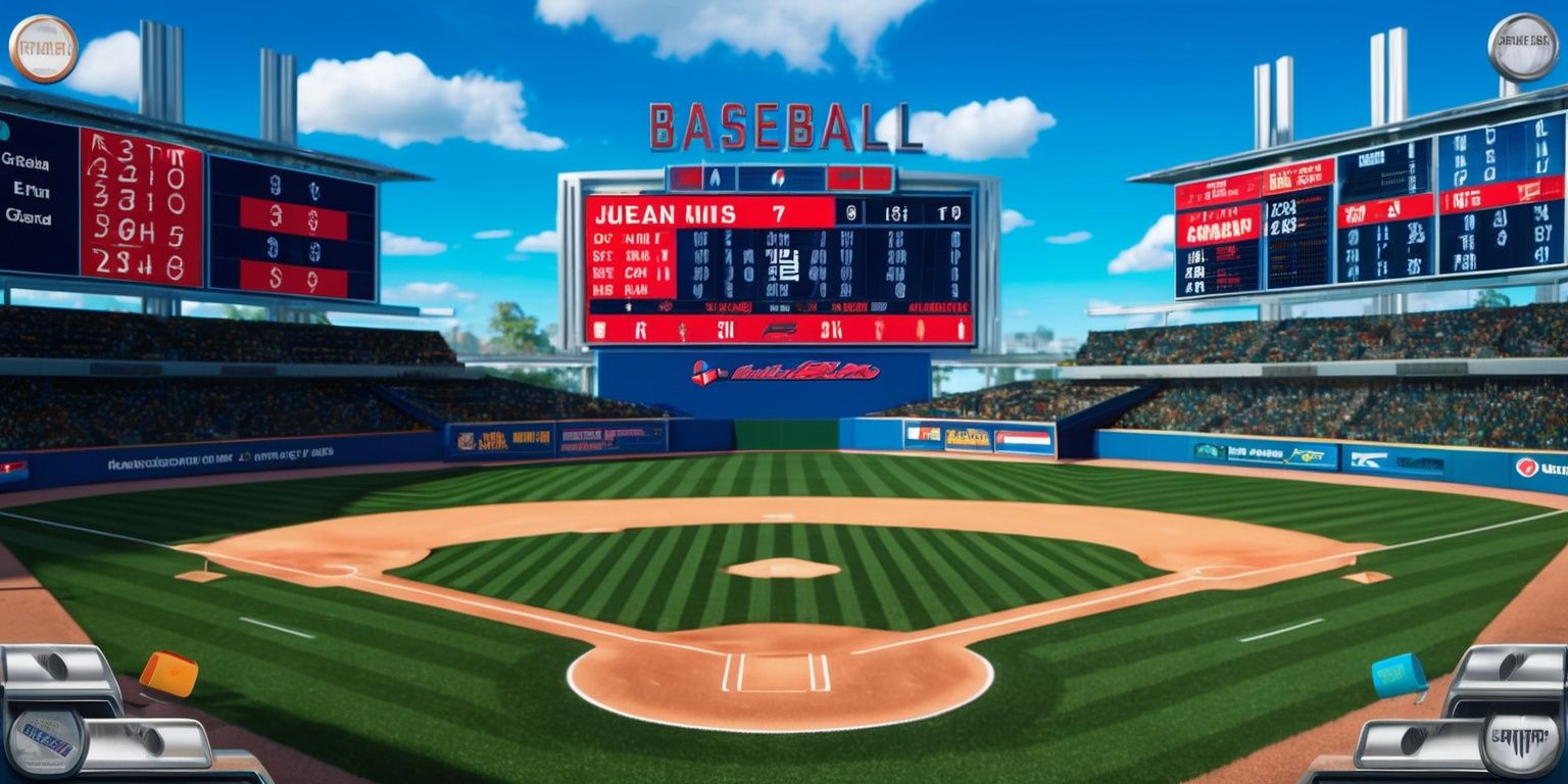 A highly detailed digital Baseball Simulation game scene with a futuristic stadium in the background, featuring a grassy baseball field with white chalk lines and a pitcher's mound, a vibrant blue sky with a few white clouds, and a massive electronic scoreboard displaying player statistics and scores in bold red and blue fonts, the game interface includes buttons and menus with a silver and gray metallic finish, the overall style is a mix of realistic and stylized 3D graphics with sharp lines and bright colors, the layout is wide and panoramic to showcase the entire field and the surrounding stadium, with a slight depth of field effect to blur the background and emphasize the game action in the foreground.