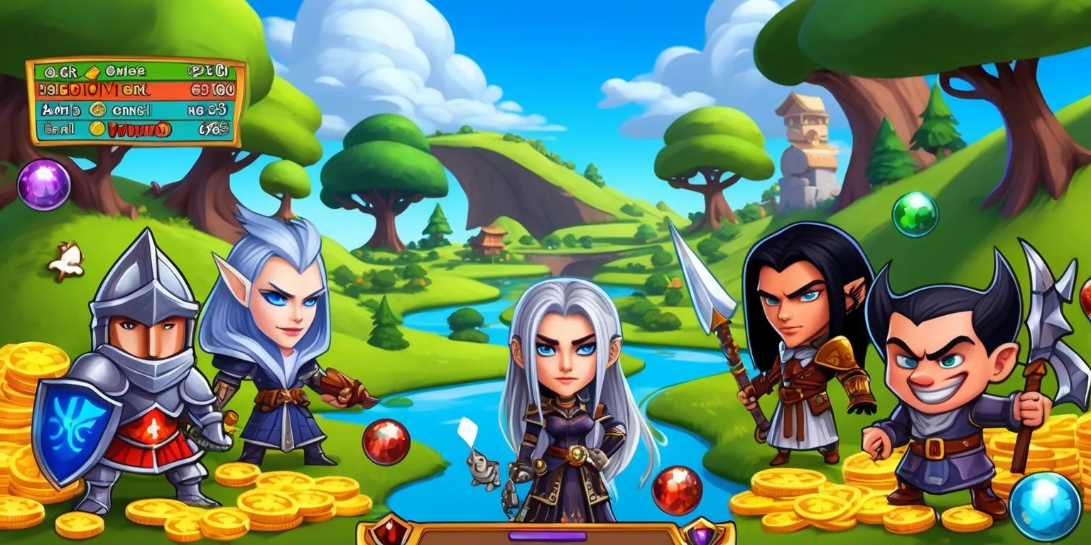 A vibrant digital illustration of a fantasy world, reminiscent of an idle RPG game, with rolling green hills, towering trees, and a meandering river, set against a clear blue sky with fluffy white clouds, featuring a variety of characters, including a brave knight with a strong jawline and piercing blue eyes, a mysterious mage with long silver hair and intricate tattoos, and a cunning rogue with a mischievous grin and pointed ears, all with unique armor and weapons, surrounded by gold coins, glittering gems, and magical orbs, with a bold, colorful interface displaying player statistics, skills, and quests, in a stylized, cartoonish art style with bold lines and vivid colors.