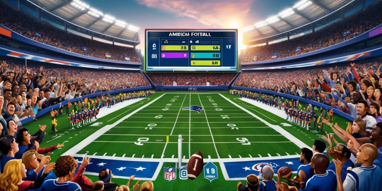 A vibrant and detailed illustration of an American football simulation game, set in a large stadium with a lush green grass field, surrounded by cheering crowds of diverse people with various facial features and skin colors, all engaged in the excitement of the game, with the simulation game interface overlaid on top, featuring player stats, scores, and gameplay controls in a modern, sleek font style, with a mix of bright and muted colors, including the iconic American football team colors, and a shallow depth of field to emphasize the action on the field, captured from a bird's eye view with the stadium lights shining down, and the sun setting in the background, casting a warm glow over the entire scene.