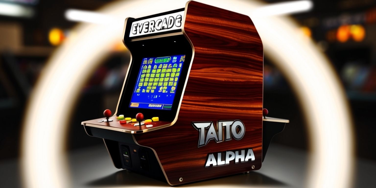 A vintage-style Evercade Alpha Taito Bartop arcade machine with a rich wood grain finish and sleek metal accents, set against a blurred background of a dimly lit arcade, the machine's 8-inch screen glowing with a warm light, displaying a classic Taito game, the Evercade Alpha's distinctive logo emblazoned in bold silver letters on the front, with a pair of worn wooden joysticks and buttons arranged in a classic arcade layout, surrounded by a halo of soft light, with deep shadows accentuating the contours of the machine, and a subtle sheen on the screen reflecting the excitement of the game being played, the overall aesthetic evoking a sense of nostalgia and retro gaming charm, with the machine's intricate details and textures meticulously rendered in a highly realistic style.