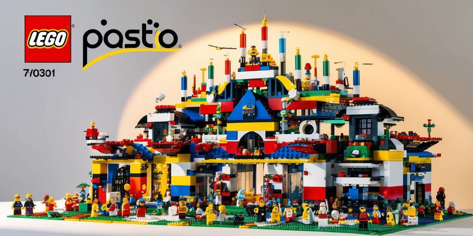 A highly detailed and colorful Lego building set, consisting of numerous interconnected plastic bricks, plates, and various miniature figures, arranged in a complex and intricate design, with a mix of bright and muted colors, including red, blue, yellow, green, and white, set against a clean and neutral background, with the Lego logo prominently displayed in a bold, black, and yellow font, and the set's name written in a curved line above the logo, in a modern, sans-serif font, with a subtle shadow effect, and the entire scene illuminated by a soft, warm light, highlighting the textures and colors of the Lego pieces, with a shallow depth of field, blurring the background and emphasizing the set's details.