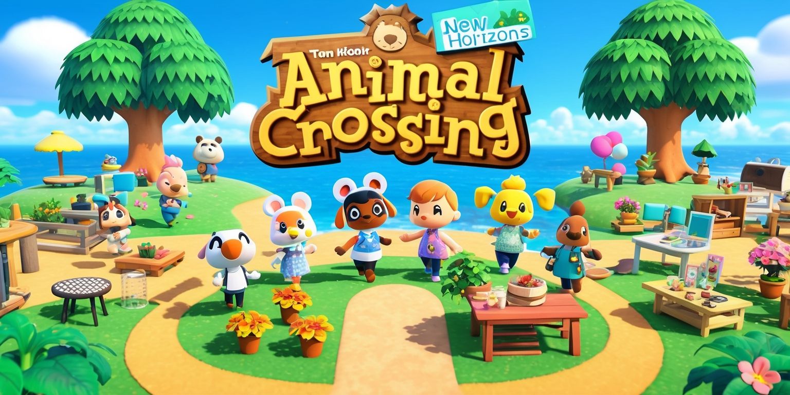 A vibrant and colorful illustration of the Animal Crossing: New Horizons game, featuring a picturesque island setting with lush green trees, bright blue waters, and a clear sunny sky, teeming with adorable characters such as Tom Nook, Isabelle, and K.K. Slider, each with distinct facial features and accessories, surrounded by various furnishings and decorations, including flowers, furniture, and DIY projects, with the game's iconic logo prominently displayed in a bold, white, and colorful font, set against a warm and inviting background that showcases the game's unique blend of leisure, creativity, and community.