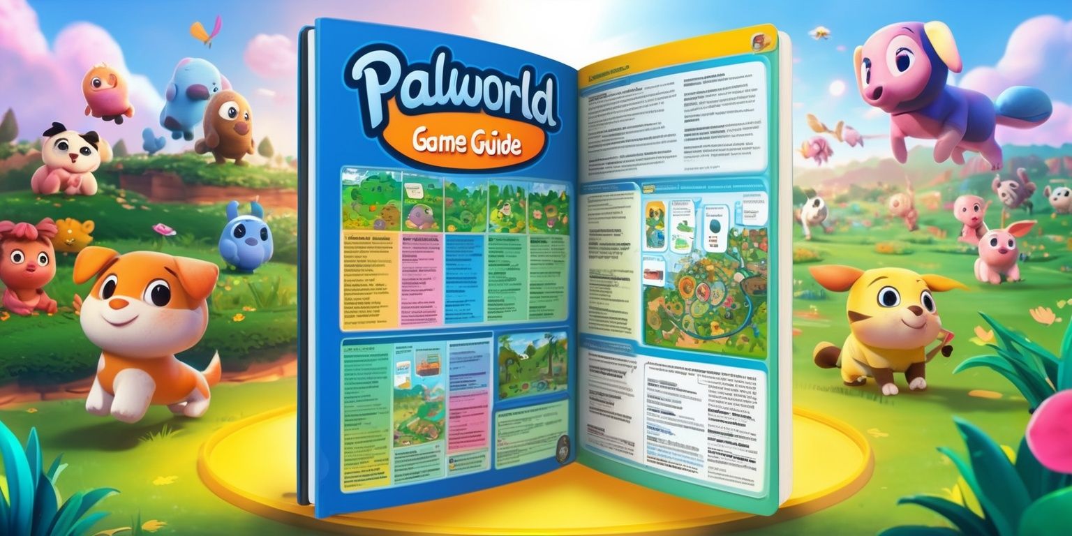A colorful digital illustration of the Palworld game guide, featuring a vibrant and lively landscape with various Pals, the game's creatures, roaming freely in the background, while a large, detailed, and easy-to-read guidebook dominates the foreground, filled with texts, diagrams, and images of different Pals, their habitats, and gameplay mechanics, with bold, playful fonts and bright, pastel colors, including shades of blue, green, yellow, and pink, and a subtle, sunny glow effect to convey a sense of adventure and excitement, with the game's logo, a stylized, cursive Palworld script, prominently displayed at the top of the guidebook in a deep, rich blue color.