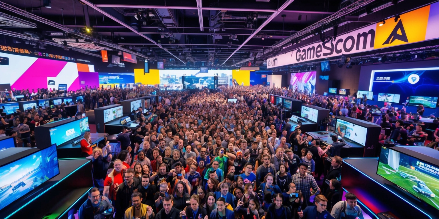A vibrant and bustling Gamescom gaming event scene with a large crowd of excited gamers and industry professionals gathered in a modern exhibition hall, surrounded by colorful booths, massive screens, and sleek gaming stations, featuring various gaming consoles, PCs, and virtual reality setups, with attendees of diverse age, skin color, and facial features, all eagerly engaging with the latest games, technologies, and innovations, while notable gaming personalities and developers deliver keynote speeches, conduct live interviews, and showcase upcoming game titles, amidst a backdrop of bright lighting, bold graphics, and dynamic visual effects, with prominent gaming logos, slogans, and typography displayed throughout the venue, and a sense of electricity and anticipation filling the air as attendees await major game announcements, technical demonstrations, and hands-on experiences with the latest gaming hardware and software.