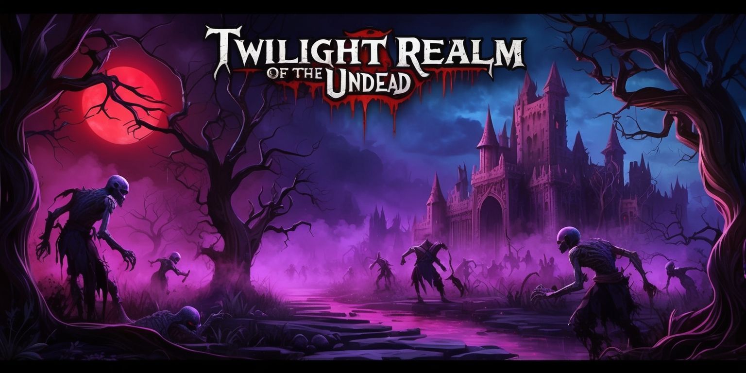 A dark, mystical, and eerie digital artwork depicting the Twilight Realm of the Undead game, set in a haunting landscape with twisted trees, glowing purple mist, and a blood-red moon hanging low in the sky, with undead creatures lurking in the shadows, their pale skin and tattered clothing a stark contrast to the vibrant, ominous colors of the environment, and in the distance, a grand, ancient castle looms, its towers reaching towards the sky like skeletal fingers, with a sense of foreboding and dread emanating from the scene, as if the viewer is being drawn into the realm of the undead, the artwork is rendered in a stylized, gothic manner with bold lines, intricate details, and a mix of warm and cool colors, inviting the viewer to explore the dark, fantasy world of the game.