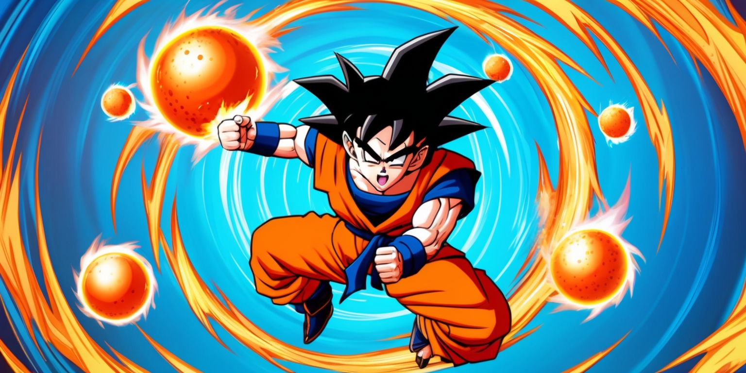 A vibrant, action-packed illustration of the iconic Dragon Ball DAIMA show, set against a dynamic, gradient blue background, evoking a sense of energy and intensity. In the foreground, showcase a stylized depiction of Goku, the main protagonist, in mid-air, clad in his signature orange gi, with his iconic spiky black hair and determined facial expression, as he prepares to unleash a powerful Kamehameha blast. Surrounding him, a swirling vortex of energies, with wisps of fiery orange and golden light, while tiny, stylized Dragon Balls float around, glowing with an ethereal aura. Incorporate bold, exaggerated lines, and vivid colors, blending traditional anime styles with modern digital flair, capturing the essence of the show's epic battles and intense training sessions.