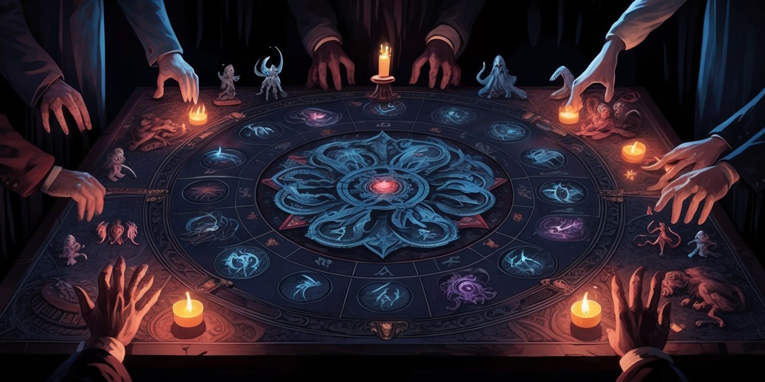 A dimly lit, atmospheric illustration of a Lovecraftian board game, with a large, ornate game board at its center, featuring intricate, eerie designs and cryptic symbols, surrounded by various game pieces, including miniature figurines of Cthulhu, shoggoths, and other Lovecraftian creatures, with players' hands and arms reaching in from the edges of the image, their faces obscured by shadows, the game pieces and board illuminated by faint, flickering candlelight, with a sense of foreboding and dread emanating from the scene, the color palette dominated by dark blues, purples, and greys, with accents of deep red and gold, and the overall style reminiscent of vintage, horror-themed artwork.