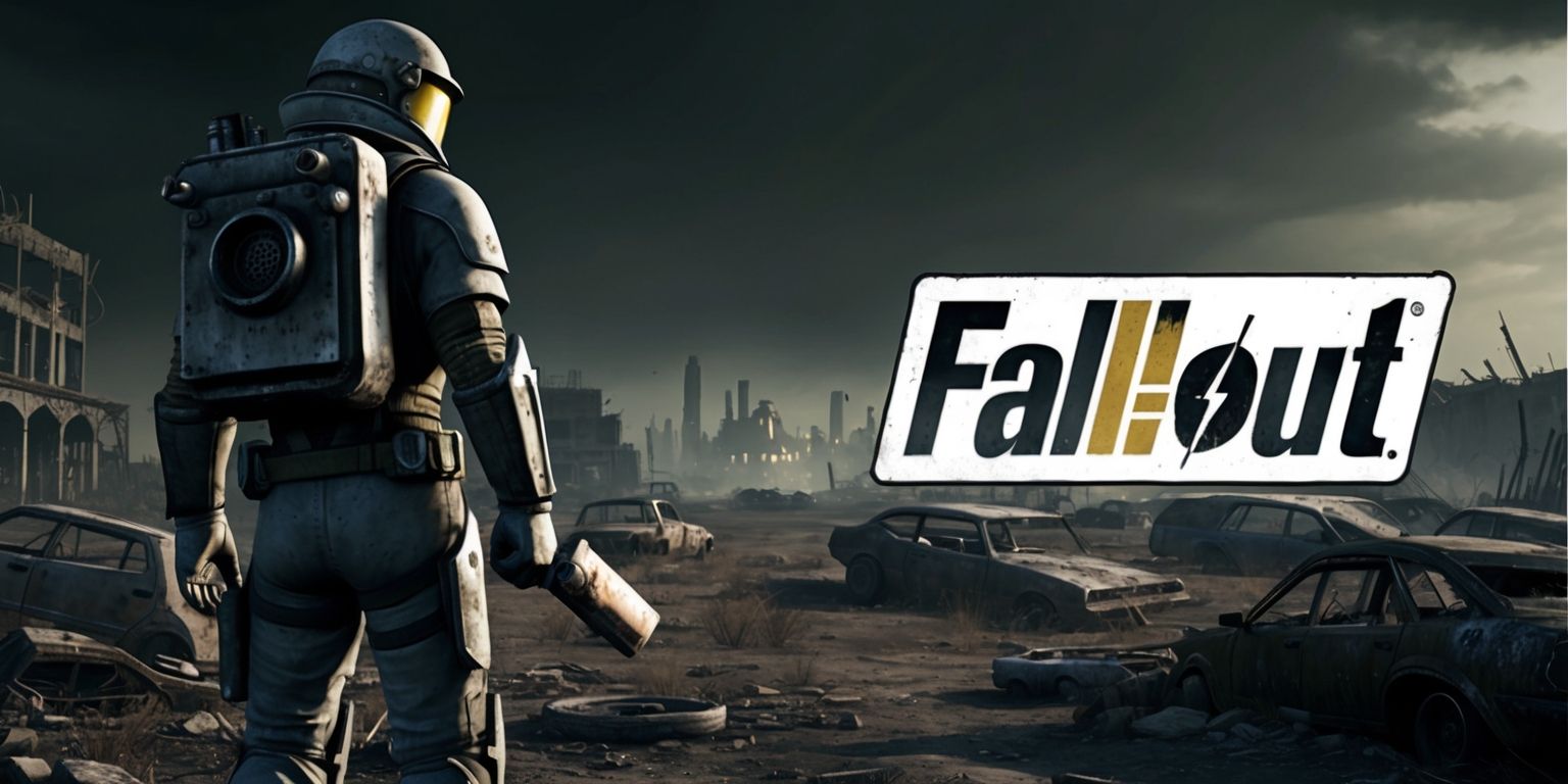 A post-apocalyptic scene from a Fallout game episode with a lone survivor wearing a vault suit and carrying a pip-boy, standing in the middle of a desolate wasteland filled with ruined buildings and broken cars, under a dark and ominous sky with a hint of nuclear fallout, in a gritty and realistic style with muted earthy tones and a sense of desperation and survival, with the survivor's face obscured by a helmet and their skin weathered from the harsh environment, and in the distance a faint glow of a ruined cityscape with a bold and distressed font displaying the words Fallout in a metallic and industrial style.