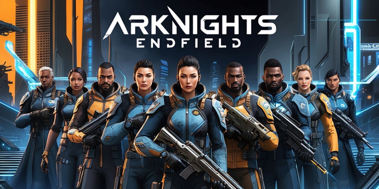 A futuristic sci-fi themed illustration of the Arknights Endfield game featuring a diverse cast of characters with unique skills and abilities, set against a dystopian cityscape with sleek skyscrapers and neon lights, incorporating a mix of dark blues and greys with accents of vibrant oranges and yellows, with a focal point on a group of operators standing together, each with distinctive facial features, skin tones, and hairstyles, dressed in intricately designed uniforms and equipped with advanced weaponry, surrounded by hints of holographic interfaces and futuristic technology, with the Arknights logo prominently displayed in a bold, metallic font with a silver and blue color scheme.
