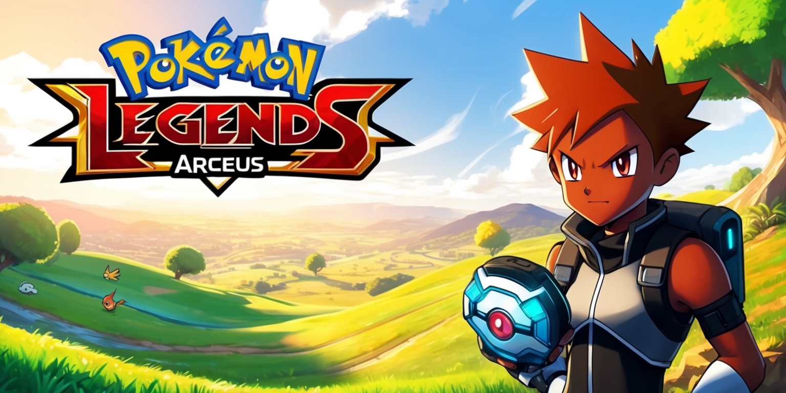A vibrant, colorful illustration of the Pokémon Legends: Arceus game, featuring a scenic landscape with rolling hills, lush green trees, and a vast, open sky with a few fluffy white clouds, set against a warm, golden light, with a few Pokémon roaming freely in the distance, and in the foreground, a young, adventurous trainer with a determined expression, short, spiky hair, and a warm, brown skin tone, dressed in a sleek, modern outfit with a utility belt, holding a futuristic, high-tech Pokédex, with the game's logo, a stylized, bold, red font with a subtle, metallic sheen, prominently displayed in the top left corner of the image.