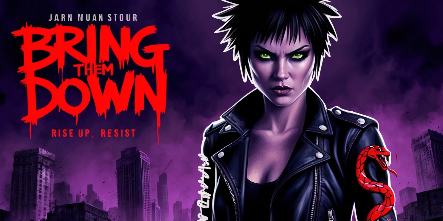 A cinematic poster for the fictional movie Bring Them Down, featuring a gritty, high-contrast image with a dark and ominous tone. In the foreground, a determined-looking female protagonist with short, spiky black hair and piercing green eyes stands defiantly, her facial features illuminated by a faint, flickering light. She wears a black leather jacket with ripped sleeves, and a bold, red tattoo of a snake coiled around her right forearm. Behind her, a cityscape looms, with towering skyscrapers and crumbling buildings set against a deep, foreboding purple sky. The title Bring Them Down emblazoned across the top in bold, graffiti-style letters, with the tagline Rise Up, Resist etched in smaller text at the bottom. The overall aesthetic is dark, gritty, and rebellious, with a focus on bold lines, vivid colors, and a sense of urban tension.