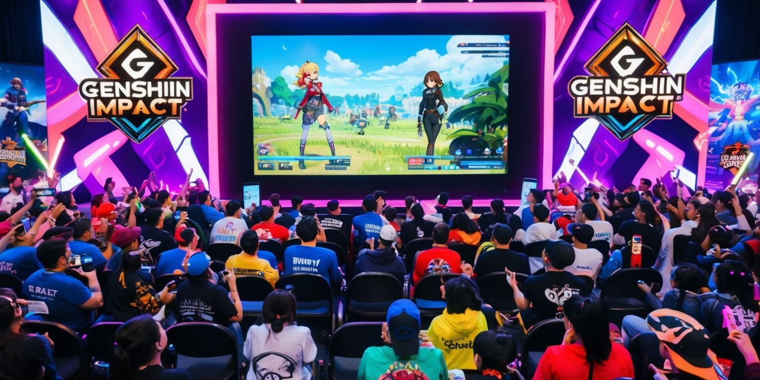 A vibrant Genshin Impact game livestream event scene with a large screen display at the center showcasing in-game footage of characters and landscapes from the popular game, surrounded by excited fans and players of diverse age groups and skin colors, all seated and attentively watching the screen with some taking notes or participating in live chat on their mobile devices, the room is filled with a mix of bright colors from the screen and the event decorations, featuring the game's logo prominently in a modern, bold, and metallic font style, with some players wearing Genshin Impact themed merchandise such as t-shirts, hats, and accessories, while others are enthusiastically waving glow sticks or banners with the game's character designs and slogans, the overall atmosphere is lively and engaging with a sense of community among the attendees.