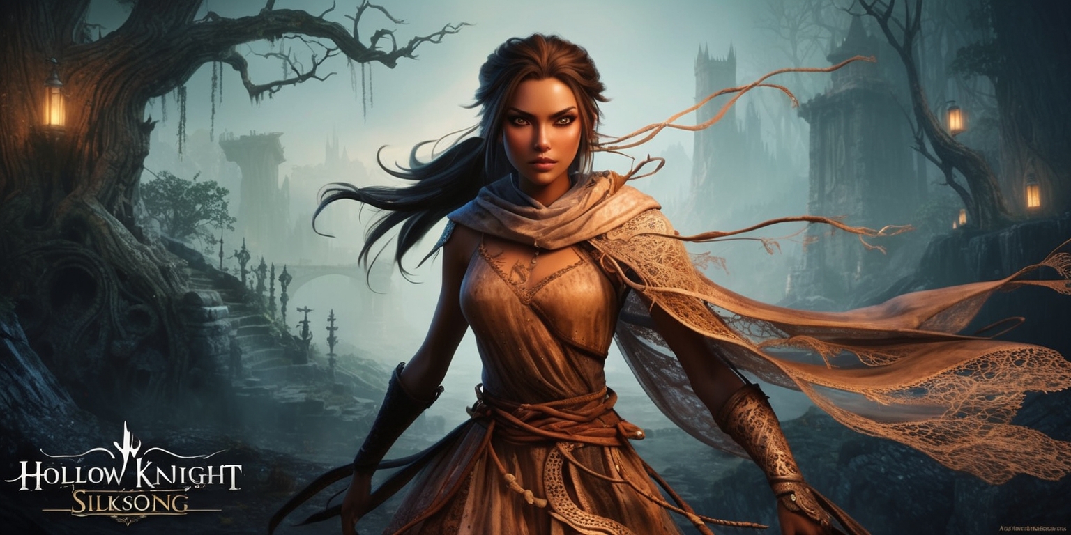 In a mystical, eerie, and ancient world, Hornet, the protagonist of Hollow Knight: Silksong, stands poised, her determined facial expression and piercing eyes gleaming with a sense of adventure, her skin a warm, earthy tone, with intricate, flowing silken threads and fabrics draped around her, amidst a hauntingly beautiful backdrop of a long-abandoned, crumbling kingdom, with towering, gnarled trees, glowing, ethereal lanterns, and a soft, muted color palette, as she embarks on a perilous quest, with a mix of ominous, dark shadows and faint, shimmering light, illuminating the delicate, lace-like patterns on her attire, and the rugged, weathered textures of the environment, with a sense of mystique, and an air of foreboding, as if the very fate of the kingdom hangs in the balance.