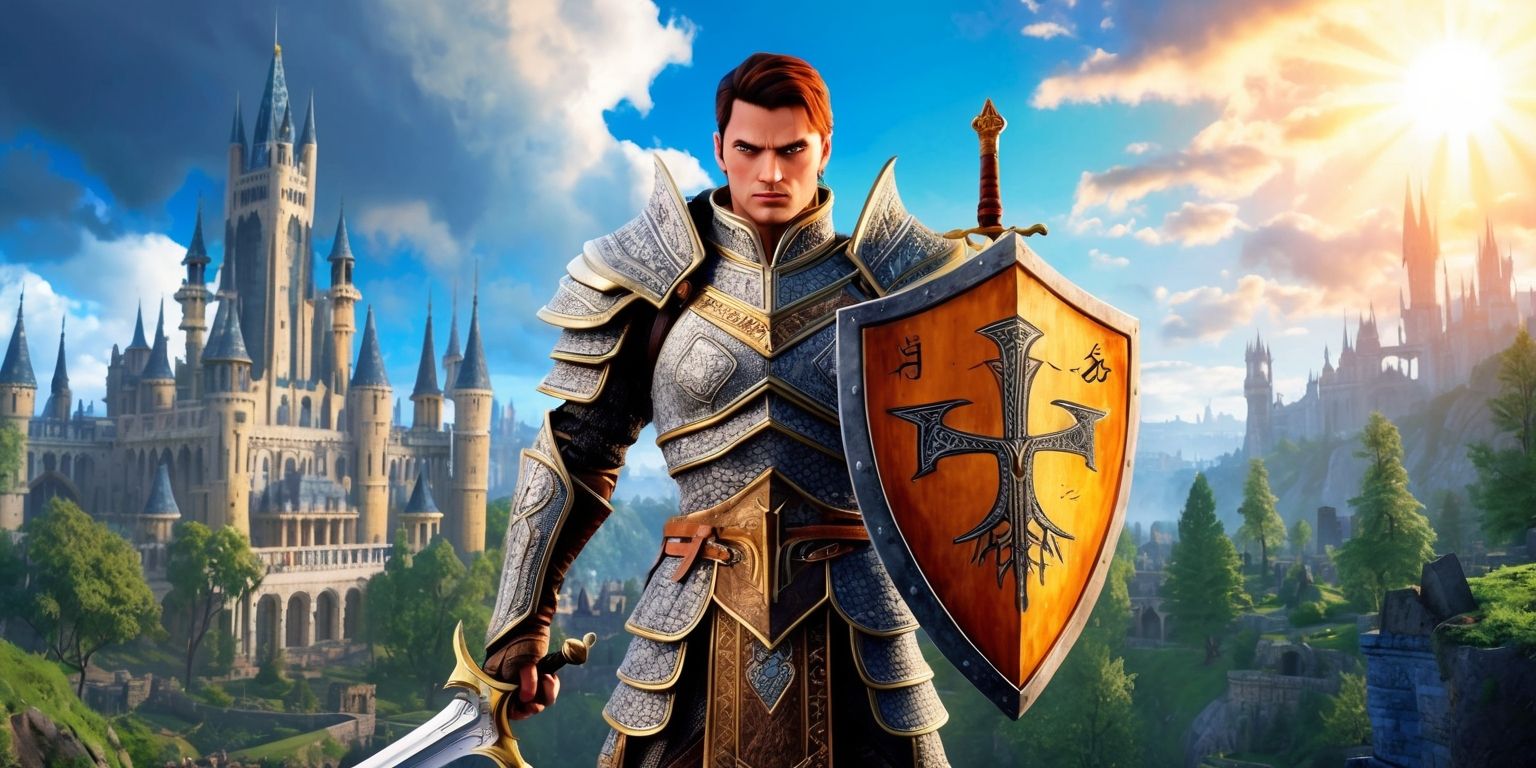 A fantastical scene from the Elder Scrolls game, with a heroic warrior standing in the forefront, wearing a suit of intricately designed armor, holding a sword and shield, set against a backdrop of a sprawling medieval-style city with towering spires and grand architecture, under a vibrant sky with clouds and a bright sun, surrounded by lush greenery and dense forests, with a sense of adventure and mysticism in the air, the warrior has a determined look on their face with sharp facial features, short brown hair, and a rugged complexion, the armor is a mix of silver and gold, with intricate engravings and symbols, the sword is held high, shining with a warm glow, and the shield bears the emblem of the Elder Scrolls, with ancient runes and markings etched into its surface.
