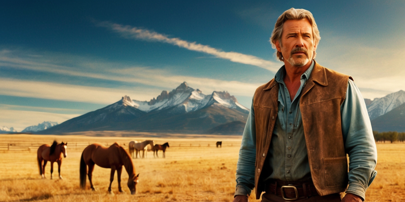 A sweeping landscape of the American West, set against a warm, golden light, evoking the spirit of the Yellowstone TV series, featuring a rugged, worn cowboy, likely Kevin Costner as John Dutton, standing tall with a strong jawline, piercing brown eyes, and a hint of silver in his hair, gazing out at the vast open range, with the distant mountains of Montana serving as a majestic backdrop, the sky above a brilliant blue with a few wispy clouds, and in the foreground, a few horses grazing peacefully, with a subtle hint of rustic, earthy tones, and a sense of nostalgia and drama permeating the atmosphere.