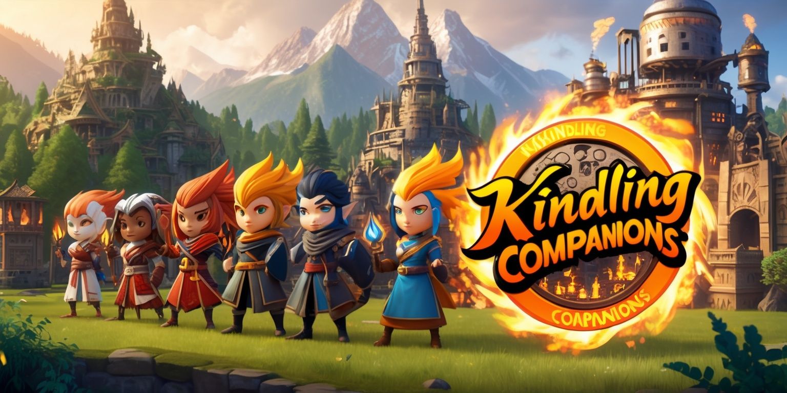 A vibrant fantasy world with intricate base-buildings, lush green forests, and majestic mountains, set against a warm, golden light, with Renjishi and other unique characters, each with distinct facial features and skin colors, standing beside their respective fire-based companions, showcasing their specialized Kindling abilities, powering elaborate structures and machinery, with a mix of medieval and mystic architectural styles, and a prominent display of the game's logo, featuring bold, cursive letters in a fiery orange color, with the words Kindling Companions written in a circular pattern, surrounded by flames and subtle, glowing embers.